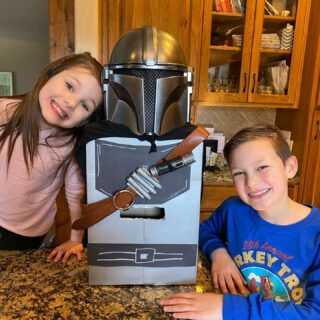 Last year we turned a trash can into a R2-D2 Valentine’s Day box. This year Ashley gets the credit for life size Mando box. It’s getting out of control.